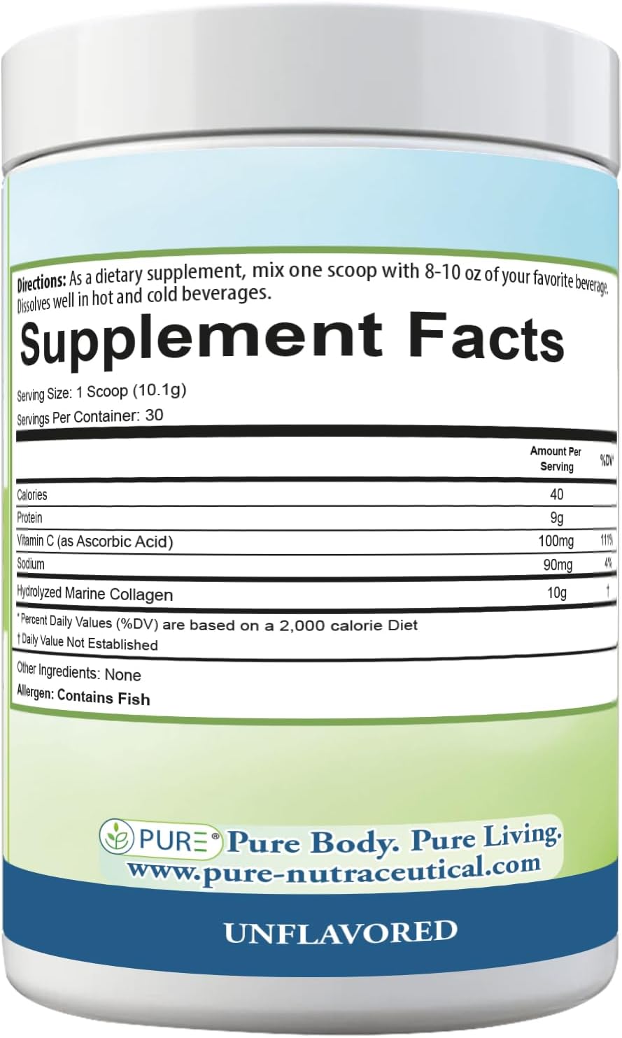 PURE® Hydrolyzed Marine Collagen Powder - 10g Collagen per Serving - 30 Servings Unflavored - with 100mg Vitamin C for Maximum Absorption - Skin, Hair, Nail & Joint Support - Non-GMO, Made in USA