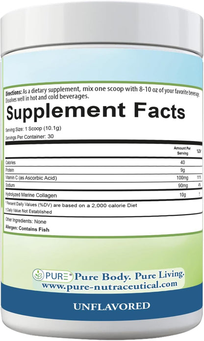 PURE® Hydrolyzed Marine Collagen Powder - 10g Collagen per Serving - 30 Servings Unflavored - with 100mg Vitamin C for Maximum Absorption - Skin, Hair, Nail & Joint Support - Non-GMO, Made in USA