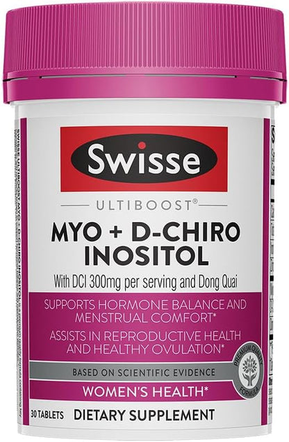 Swisse Ultiboost Myo-Inositol & D-Chiro Inositol Supplement | Hormonal Balance, Ovarian Health & Menstrual Support | 1100mg Myo-Inositol + 300mg DCI with Dong Quai | 30 Tablets