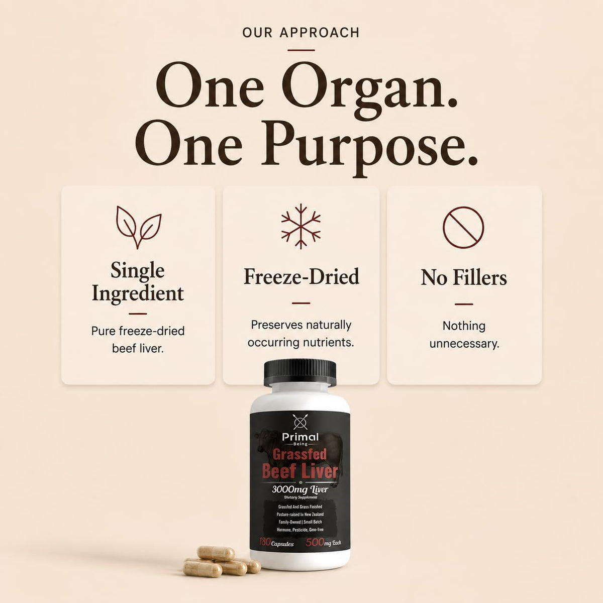Primal Being Grassfed Beef Liver - 3000mg Freeze Dried Capsules - Pasture Raised in New Zealand - Natural Beef Organ Supplement - Liver Supplement for Energy and Wellness - 180 Count