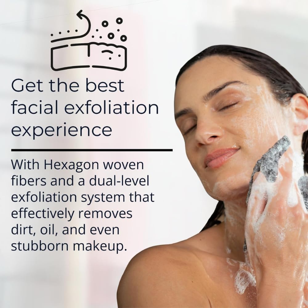 Exfoliating Washcloth Face & Body Scrub Towel - Japanese Exfoliating Towel with Hexagon Fibers, Body Scrubber with 2 Sides for Scrubbing & Washing (Black, 27cm x 35cm)