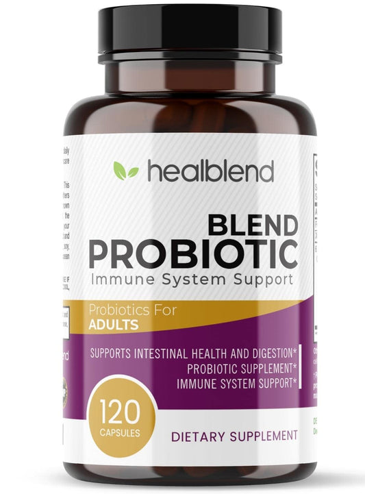 Healblend probiotic supplement bottle on a white background