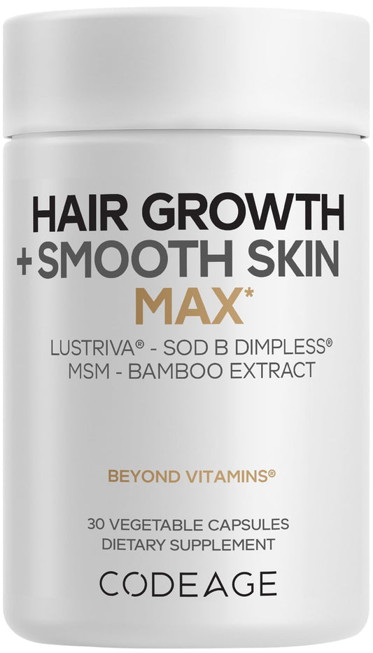 Codeage Hair Growth + Smooth Skin Max Vitamins Supplement - Patented Lustriva & SOD B Dimpless Superoxide Dismutase - Hair Growth Health Skin Cellulite Support - Biotin, Vitamin C, MSM - 30 Capsules CodeageBuy Supplements Australia
