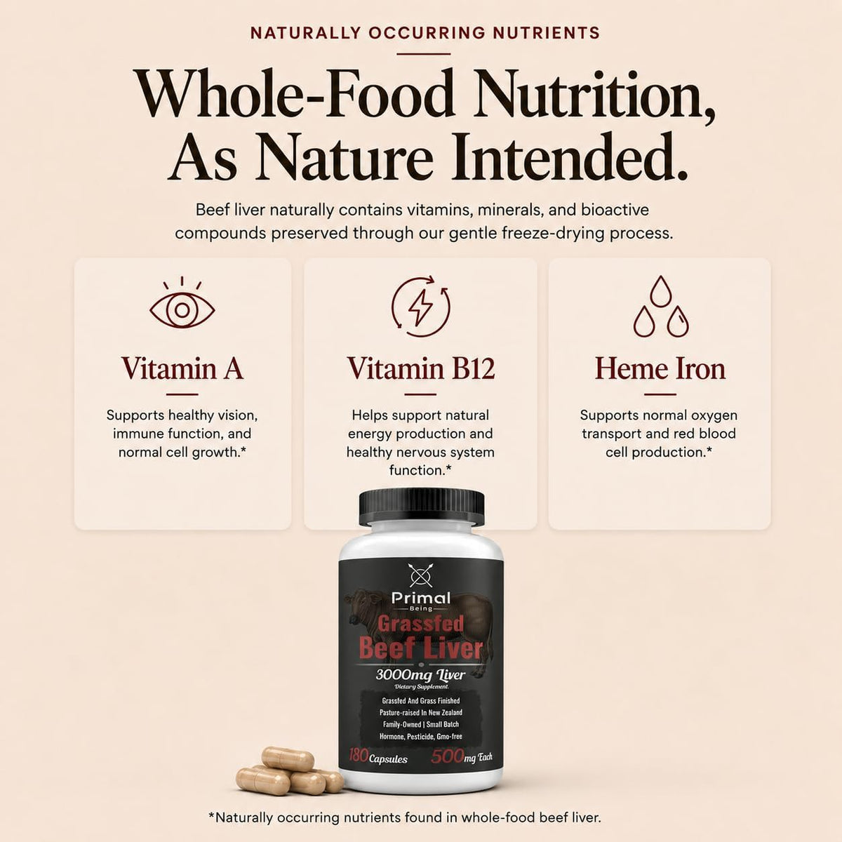 Primal Being Grassfed Beef Liver - 3000mg Freeze Dried Capsules - Pasture Raised in New Zealand - Natural Beef Organ Supplement - Liver Supplement for Energy and Wellness - 180 Count