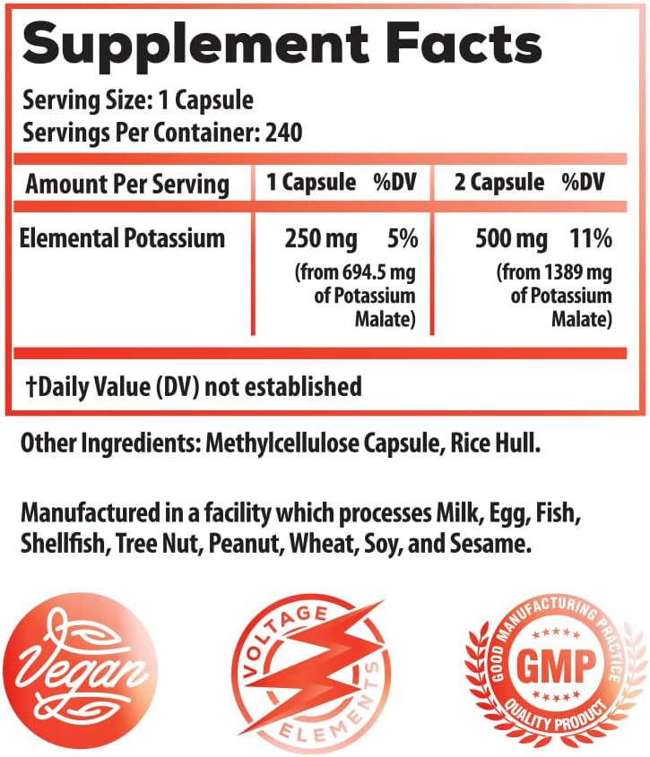 High Potency Potassium Malate 1300mg – Potassium Supplement for Electrolyte Balance, Heart, Muscle & Nerve Function – Elemental Potassium 500mg – Vegan – 240 Capsules