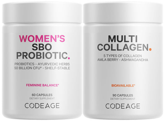Codeage Multi Collagen Protein Capsules & Probiotics for Women Bundle | Multi Collagen Pills, Collagen Types I, II, II, V & X, 90 Count | Prebiotics & Probiotics for Women - Soy & Dairy Free, 60 Count CodeageBuy Supplements Australia
