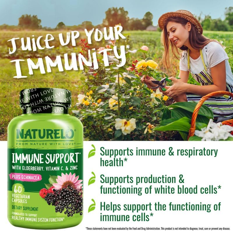 NATURELO Immune Support – Vitamin C, Elderberry, Zinc, Echinacea – Natural Immunity Boost w/Antioxidant, Herbal & Mineral Defense - 60 Vegan Capsules