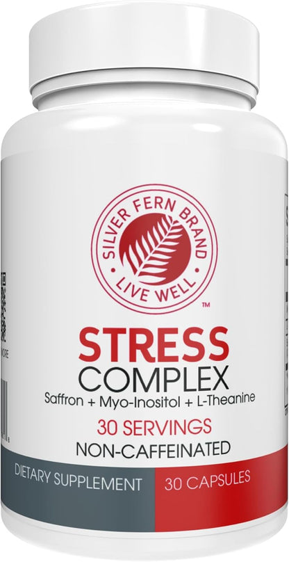 Silver Fern Stress Complex Supplement - Without Caffeine - Sleep, Worry | Mood & More - with Saffron Supplements, L-Theanine Supplement, & Myo-inositol - Natural Stress Relief Supplement (Pack of 1)