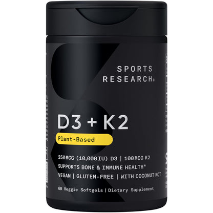 Sports Research® Vitamin D3 + K2 with 10,000iu of Plant-Based D3 & 100mcg of Vitamin K2 as MK-7 | Non-GMO Verified & Vegan Certified 60ct