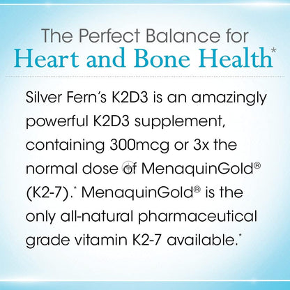 Silver Fern Vitamin K2-D3 Supplement Brand - Natural, Non-Synthetic - K2-7 | Menaquinone-7 (MK-7) - D3 as cholecalciferol - Bone, Heart & Energy Support (1 Bottle - 30 Capsules - 30 Servings)
