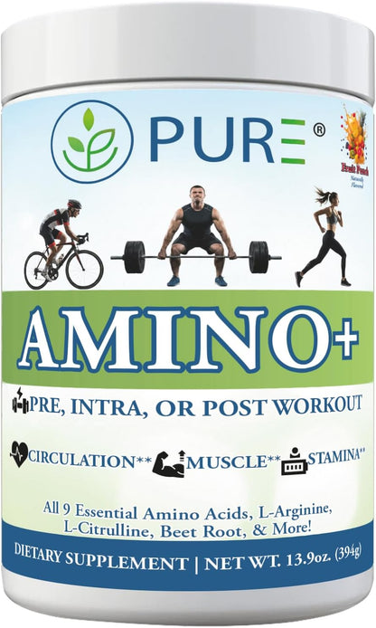 PURE® Amino+ Essential Amino Acids Powder - 30 Servings, 500g - Full Spectrum EAA with L-Arginine, L-Citrulline & Beet Root - Muscle Recovery & Hydration Drink - Fruit Punch Flavor, Made in USA