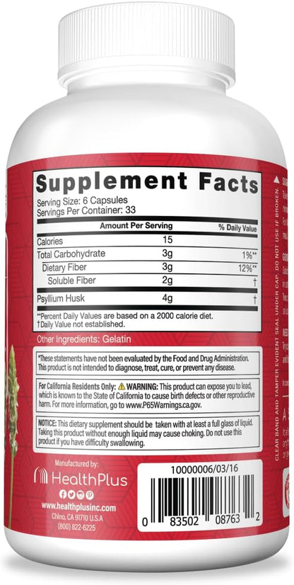 Health Plus Colon Cleanse Daily Psyllium Husk Fiber, 200ct, 33 Servings | All-natural daily fiber capsules that may reduce bloating and promote overall digestive wellness