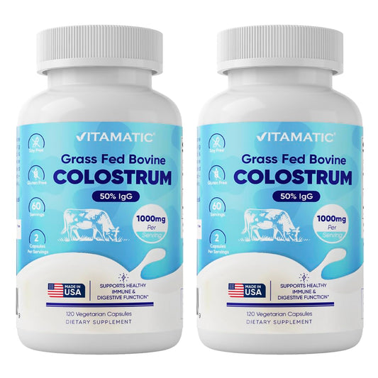 Vitamatic Bovine Colostrum Supplement 1000 mg per Serving - 50% Highest IgG - Supplement for Gut Health, Hair Growth, Beauty, Muscle Recovery, & Immune Support - 120 Capsules - 2 Pack VitamaticBuy Supplements Australia