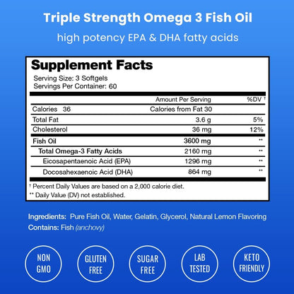 Triple Strength Omega 3 Fish Oil 3600 mg | EPA & DHA | 180 Softgels | Burpless Fish Oil Supplement, Wild Caught | Over 2100mg Omega-3 Fatty Acids Supplements | Natural Lemon Flavor Omegas 3 Pills
