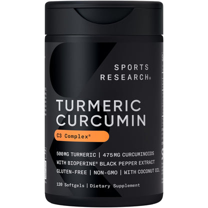 Sports Research® Turmeric Curcumin C3 Complex® w/BioPerine Black Pepper Extract & Organic Coconut Oil - Standardized 95% Curcuminoids · Non-GMO · Gluten Free - 120 Count Softgels