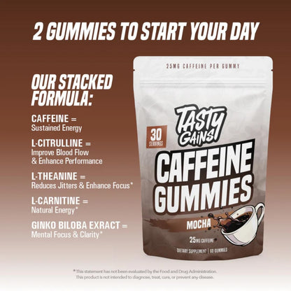 TASTY GAINS Caffeine Pre Workout Gummies – Fast Acting Energy Gummies for Men & Women, 25mg Caffeine Per Gummy, Workout Focus & Endurance Support