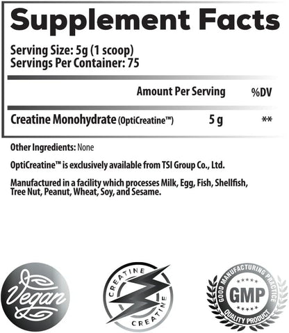 Pure Micronized Creatine Monohydrate: OptiCreatine Instant Mix Ultra Fine Powder - Supports Muscle Strength, Cellular Energy & Brain Function - No Grit or Clumps, Unflavored, 75 Servings, Vegan