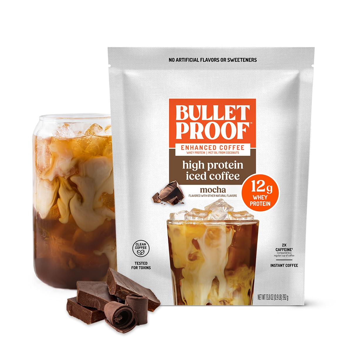 Bulletproof Iced Protein Coffee, Mocha, 12g Whey Protein + MCT Oil, 170mg Caffeine, Instant Coffee from Real Beans & Cocoa, Tested for Toxins, No Artificial Flavors & Sweeteners, 14 Servings