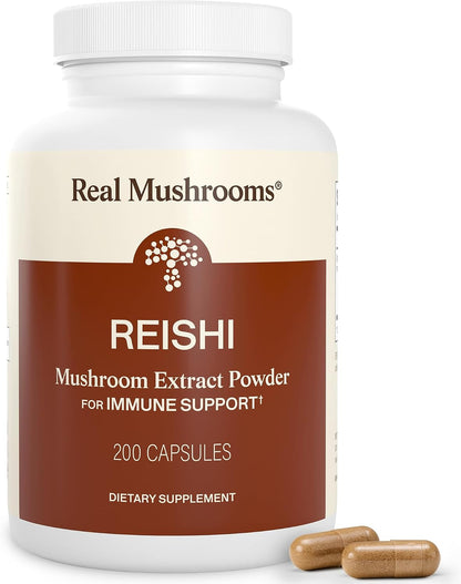 Real Mushrooms Reishi Mushroom Capsules - Handpicked Organic Mushroom Extracts - Red Reishi for Tranquil Daily Wellness with Verified Beta Glucans Vegan, Non-GMO, No Grain Fillers, 200 ct
