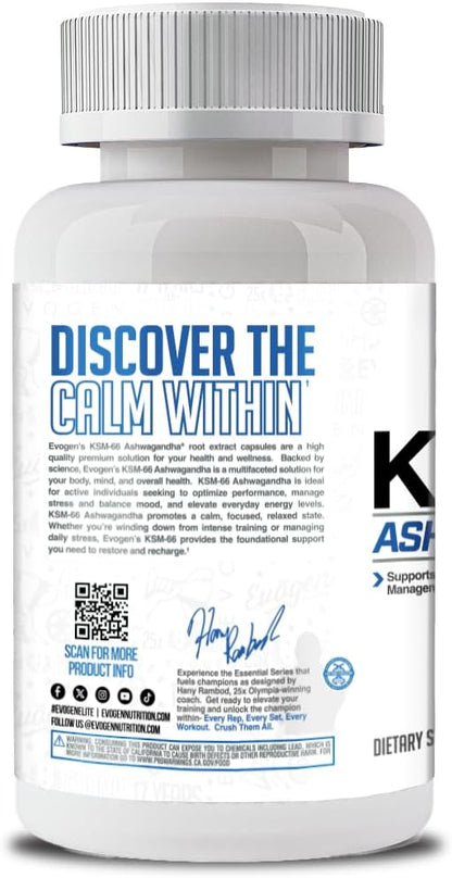 Evogen KSM-66 Ashwagandha 600mg | 60 Capsules | Clinically studied adaptogen for stress relief, restful sleep, focus, mood balance and recovery