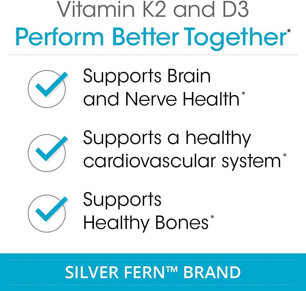 Silver Fern Vitamin K2-D3 Supplement Brand - Natural, Non-Synthetic - K2-7 | Menaquinone-7 (MK-7) - D3 as cholecalciferol - Bone, Heart & Energy Support (1 Bottle - 30 Capsules - 30 Servings)