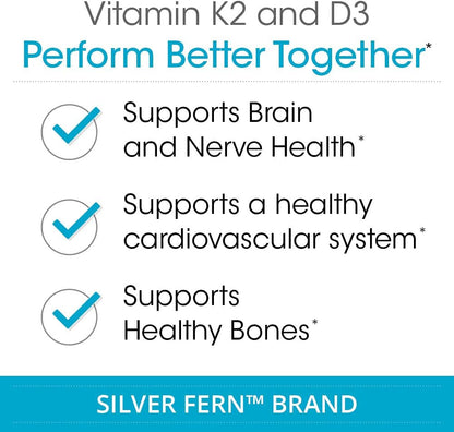Silver Fern Vitamin K2-D3 Supplement Brand - Natural, Non-Synthetic - K2-7 | Menaquinone-7 (MK-7) - D3 as cholecalciferol - Bone, Heart & Energy Support (1 Bottle - 30 Capsules - 30 Servings)