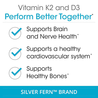 Silver Fern Vitamin K2-D3 Supplement Brand - Natural, Non-Synthetic - K2-7 | Menaquinone-7 (MK-7) - D3 as cholecalciferol - Bone, Heart & Energy Support (1 Bottle - 30 Capsules - 30 Servings)
