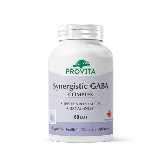 Supplement bottle labeled 'Synergistic GABA Complex' by Provita on a white background