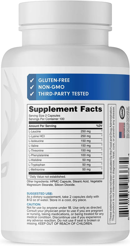 Bucked Up EAA Capsules - Essential Amino Acids Supplement | 1200mg Per Serving | On the Go | Gluten-Free, Non-GMO, Third-Party Tested | 100 Servings (200 Capsules)