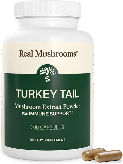 Real Mushrooms Turkey Tail Capsules – Organic Mushroom Extract for Daily Wellness, Gut Harmony, Energy Support – Vegan, Non-GMO, No Fillers – Turkey Tail Extract 200 Count Mushroom Supplement