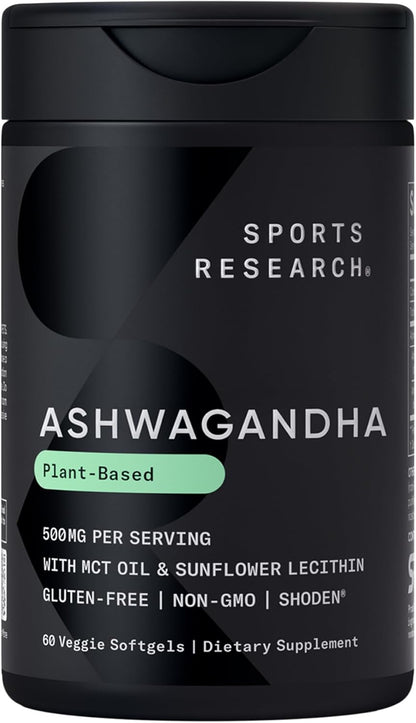 Sports Research® Ashwagandha Softgels with Coconut MCT Oil - Natural Adaptogen Made with Shoden® Ashwa for Relaxation, Calm & Sleep Support - Gluten Free & Vegan Friendly - 60 Count