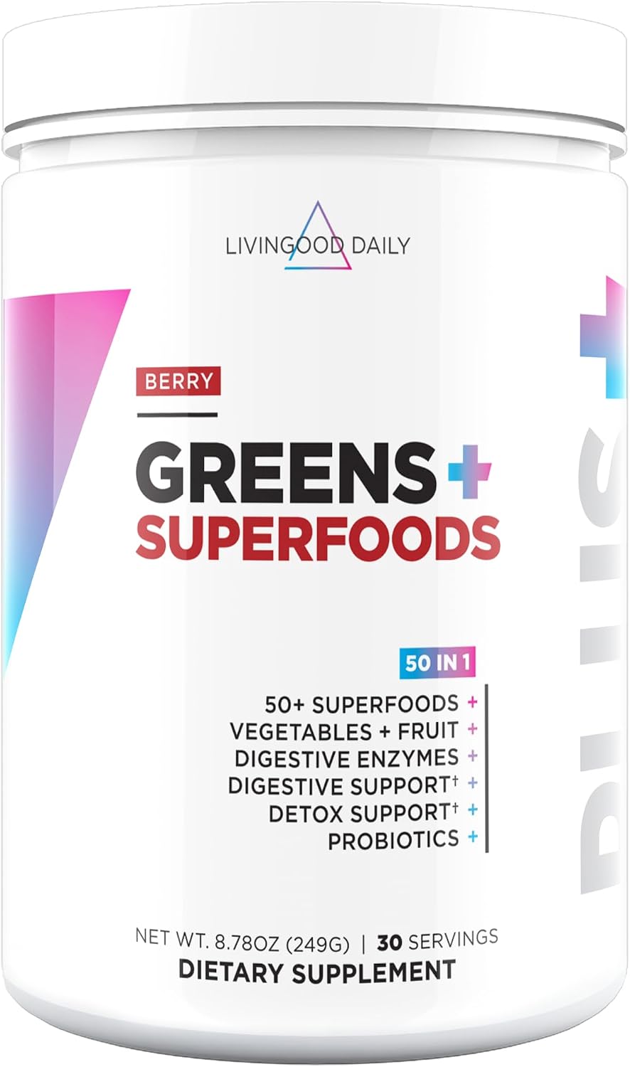 Livingood Daily Greens & Superfood Powder, Super Greens for Gut Health, Green Juice Powder with Spirulina, Chlorella, and Digestive Enzymes, Probiotics for Digestive Support, Berry, 30 Servings