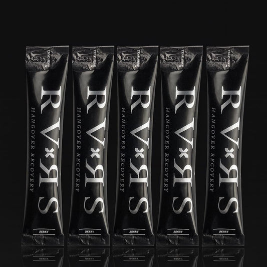Five black packets of RVNS Hangover Recovery on a black background