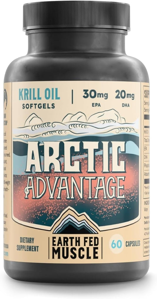 Earth Fed Muscle Arctic Advantage Krill Oil 500mg softgels, Omega-3 DHA & EPA for Heart, Brain, Eye & Joint Health Support, No Fishy Aftertaste, Non-GMO, Gluten-Free Antartic Krill Oil - 60 Capsules