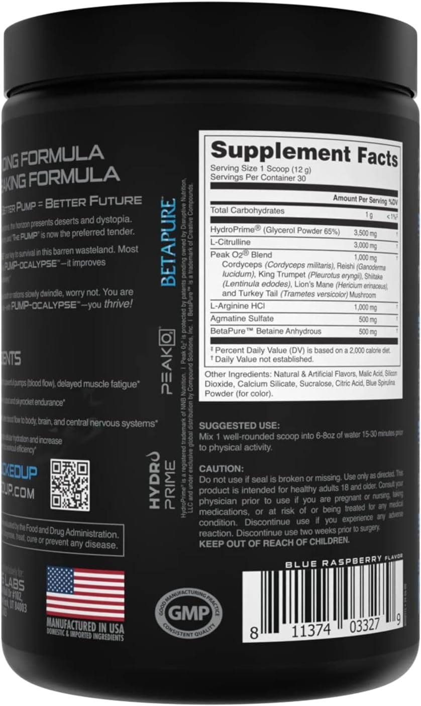 Pump-ocalypse Blue Raz | Nitric Oxide and L Arginine Supplement with Citrulline Malate, GlycerPump | Ultimate N.O. Booster | Lean Muscle Support for Blood Flow, Vascularity, Hydration and Endurance