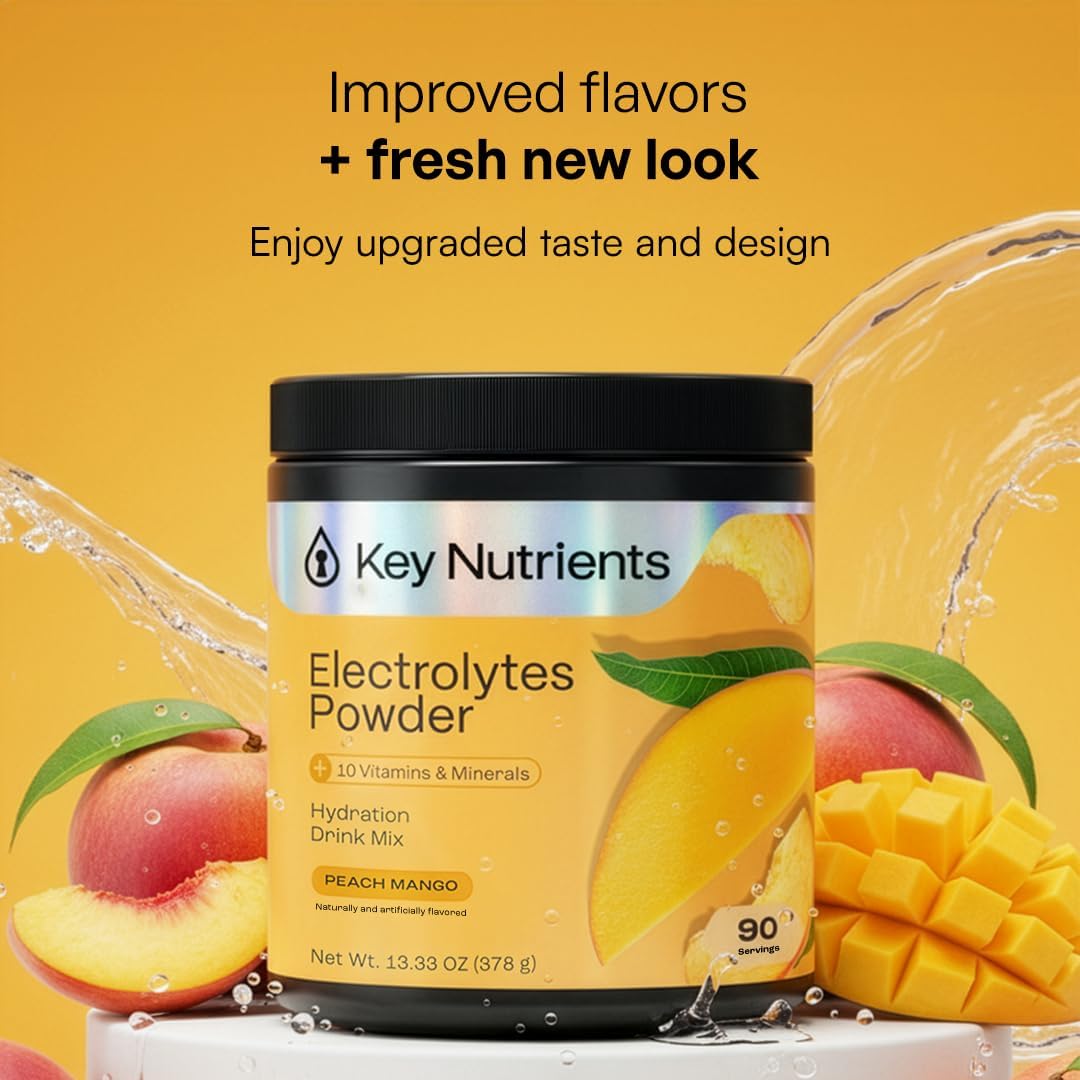 KEY NUTRIENTS Electrolytes Powder Bundle, Tropical Peach Mango 90 Servings Jar + Sweet Cherry Pom 90 Servings Jar, Sugar Free Hydration Drink Mix with Vitamins & Minerals, No Calories