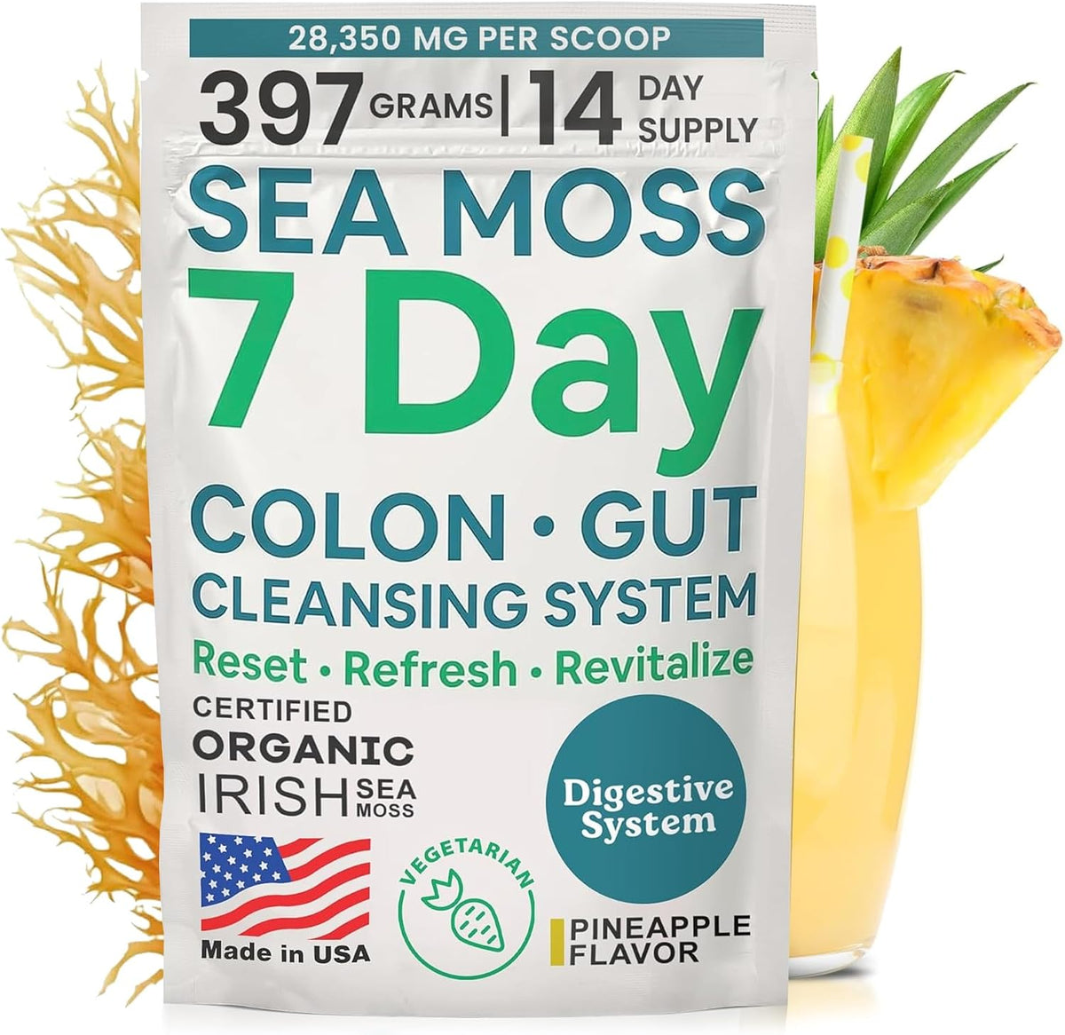 Atlantic Naturals Psyllium Husk Fiber Powder with Sea Moss – 7 Day Colon Cleanse & Daily Fiber Supplement Drink Mix with Senna – Gut Health & Regularity for Women & Men – Pineapple, 14 oz