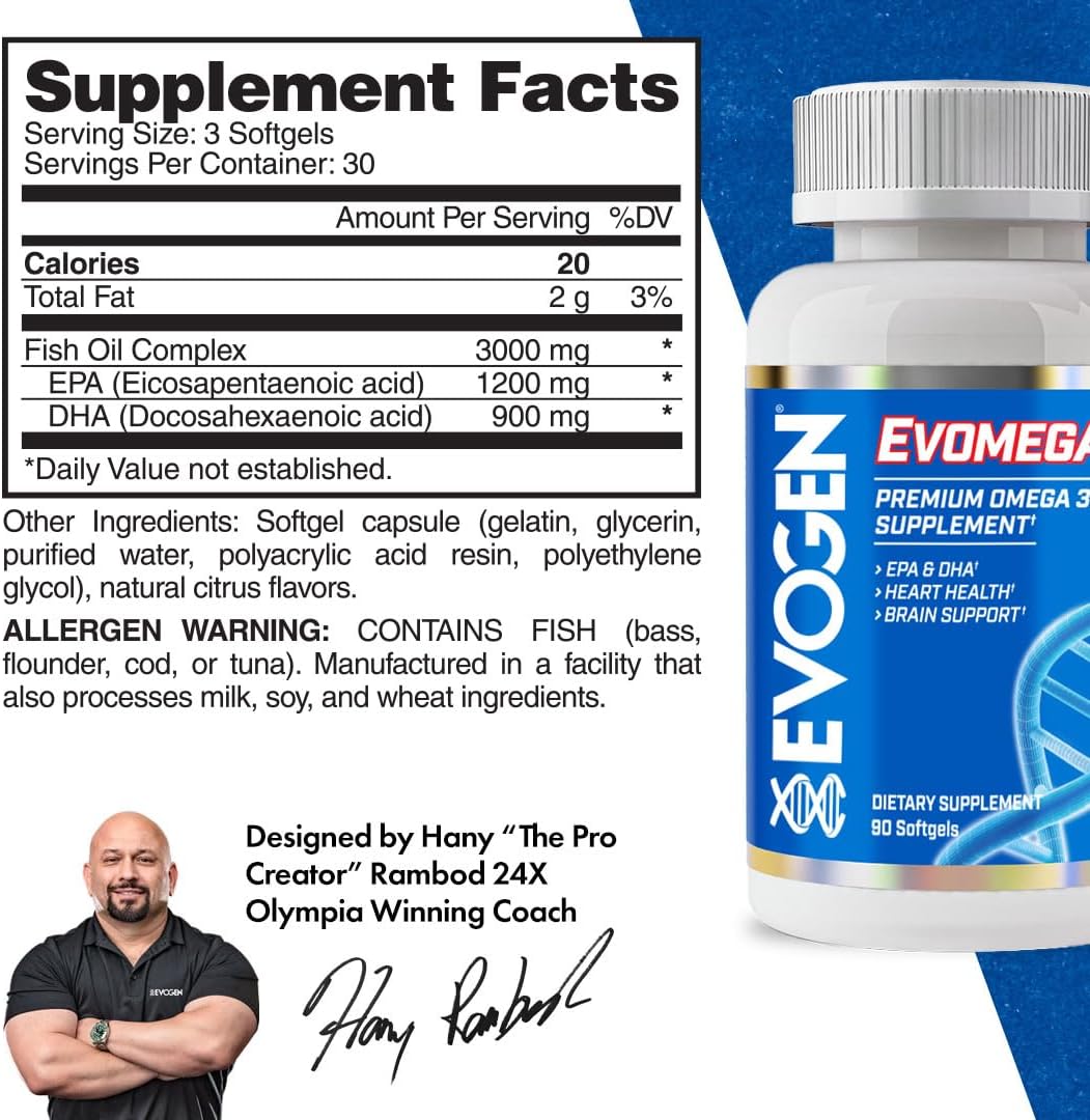 Evogen Omega Fish Oil 3000mg | 90 Softgels | 1200mg EPA and 900mg DHA per serving; purified of heavy metals; supports brain, joint and overall health