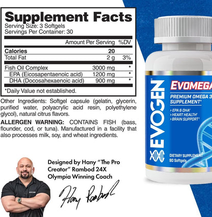 Evogen Omega Fish Oil 3000mg | 90 Softgels | 1200mg EPA and 900mg DHA per serving; purified of heavy metals; supports brain, joint and overall health