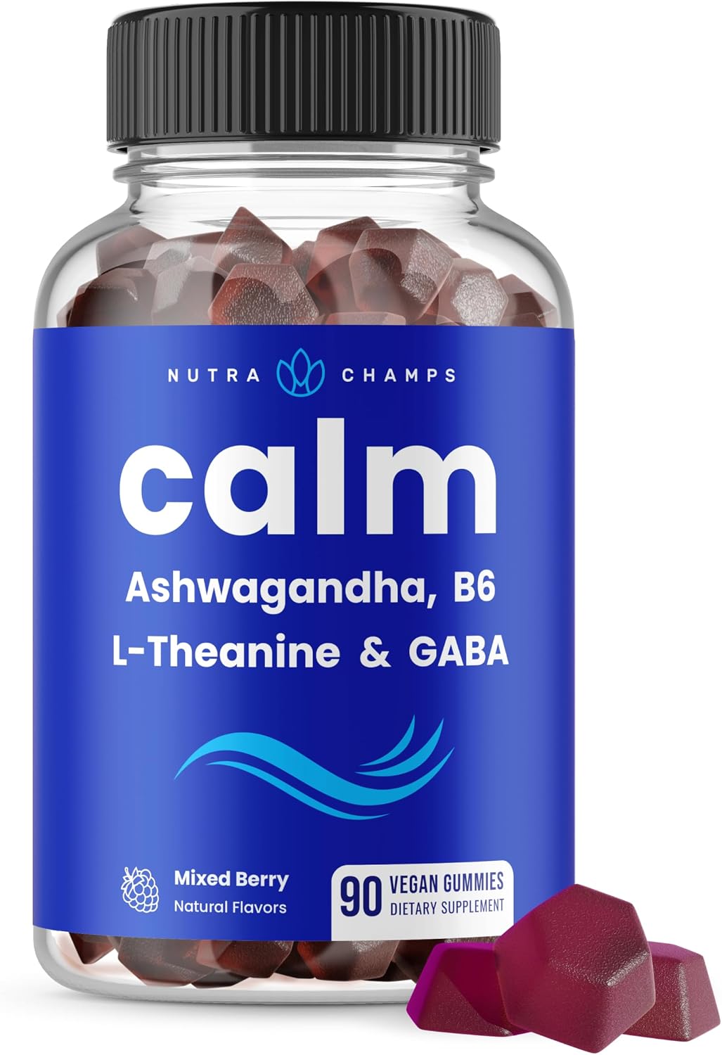 NutraChamps Calm Gummies, Stress Gummies Supplement with Ashwagandha, L-Theanine, GABA, Vitamin B6 & Lemon Balm, Supports Mood, Focus & Stress Relief, Natural Berry, 90 Gummies