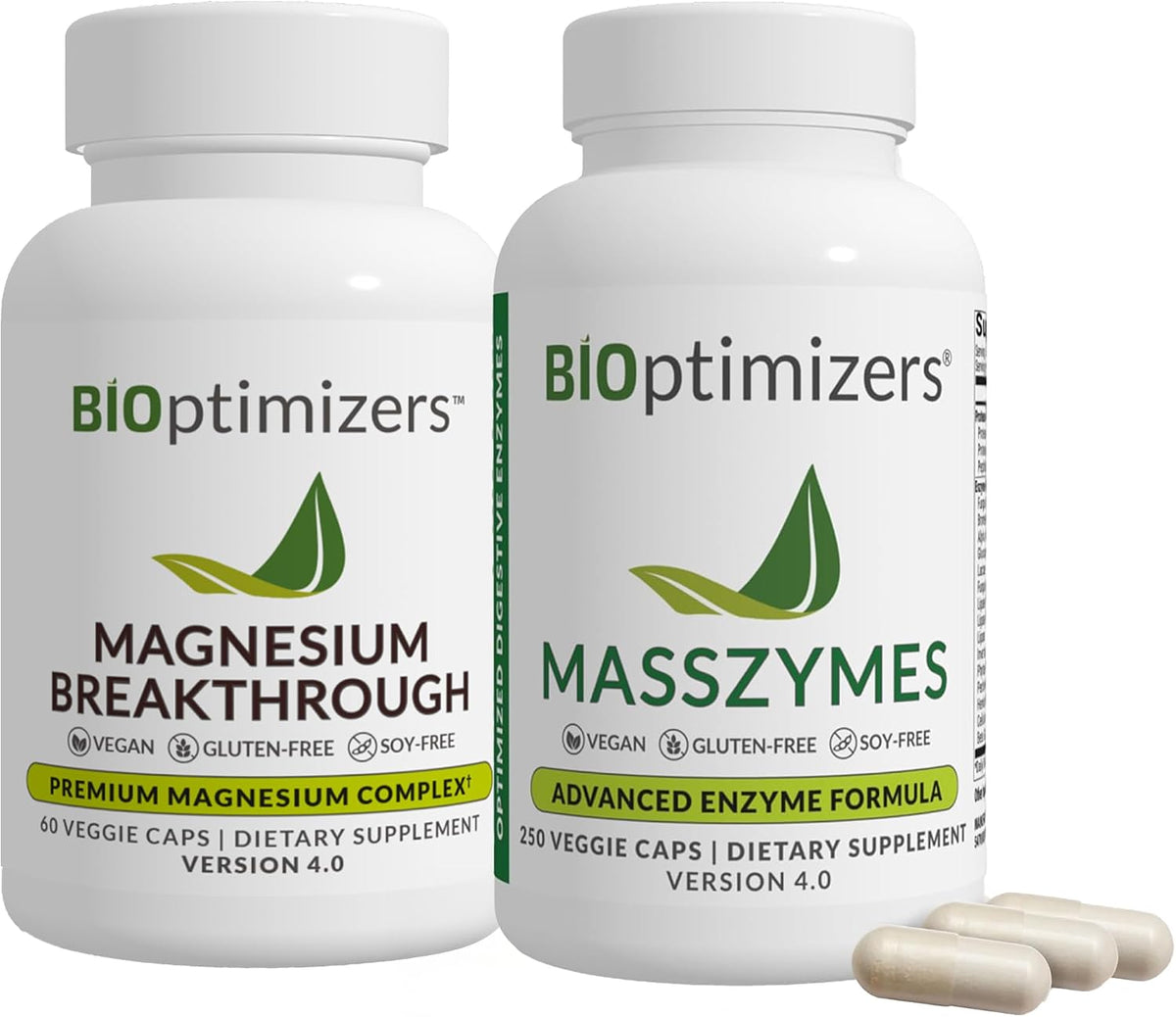 BiOptimizers Magnesium Breakthrough 4.0, (60 Capsules) & MassZymes 4.0, (250 Capsules) - Natural Sleep, Brain, and Digestive Health Support Supplement Bundle
