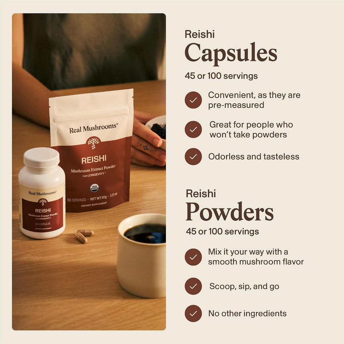 Real Mushrooms Reishi Mushroom Capsules - Handpicked Organic Mushroom Extracts - Red Reishi for Tranquil Daily Wellness with Verified Beta Glucans Vegan, Non-GMO, No Grain Fillers, 200 ct