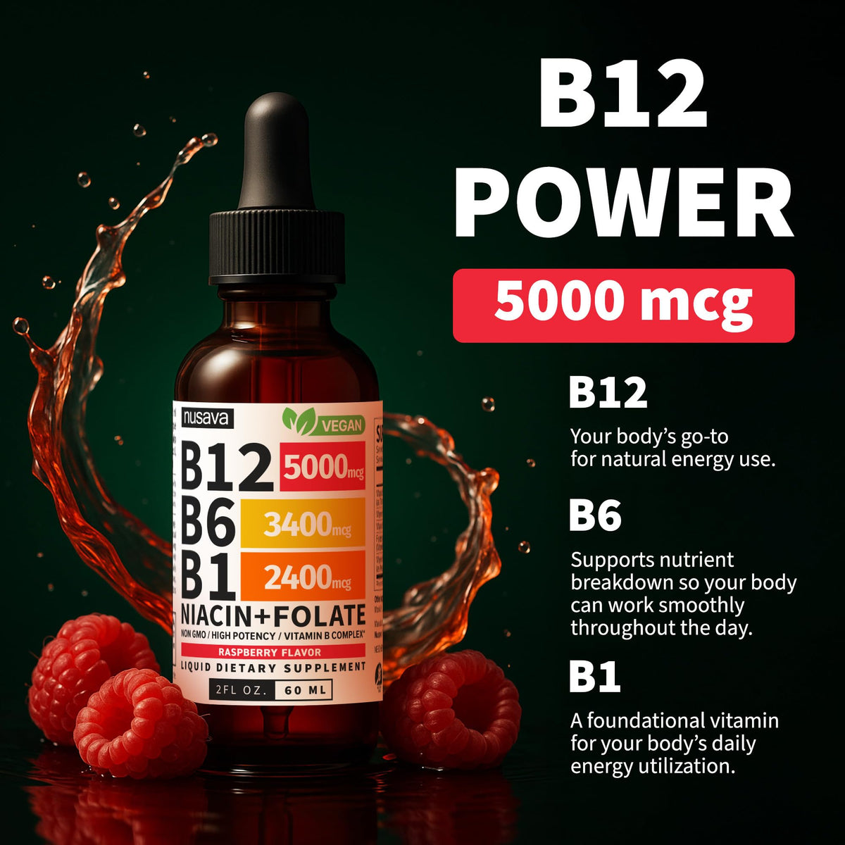 NUSAVA (2 Pack) Vitamin B12 Liquid Drops with B6, B1, Niacin & Folate — B12 Sublingual Vitamin B Complex, Methylcobalamin 5000 mcg, for Energy, Brain & Heart Support, Raspberry Flavor, 80 Servings