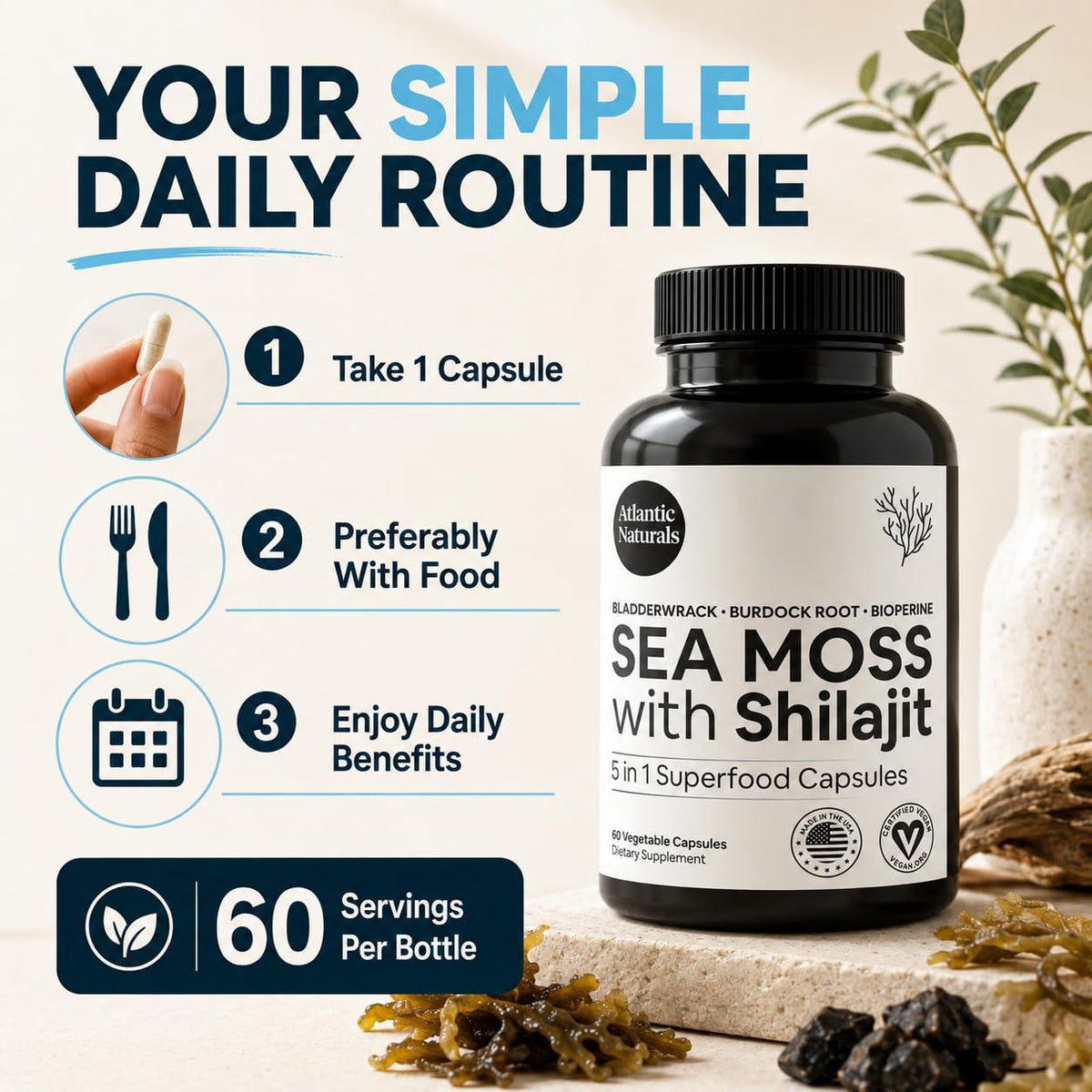 Superfood Organic Irish Sea Moss Capsules - 120 Veggie Capsules | Wildcrafted Organic Sea Moss Supplement for Men & Women | Better Than Sea Moss Gel | Support Immunity & Skin, 1000mg