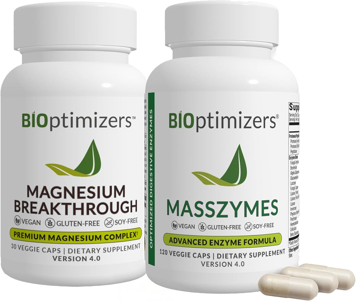 BiOptimizers Magnesium Breakthrough 4.0, (30 Capsules) & MassZymes 4.0, (120 Capsules) - Natural Sleep, Brain, and Digestive Health Support Supplement Bundle