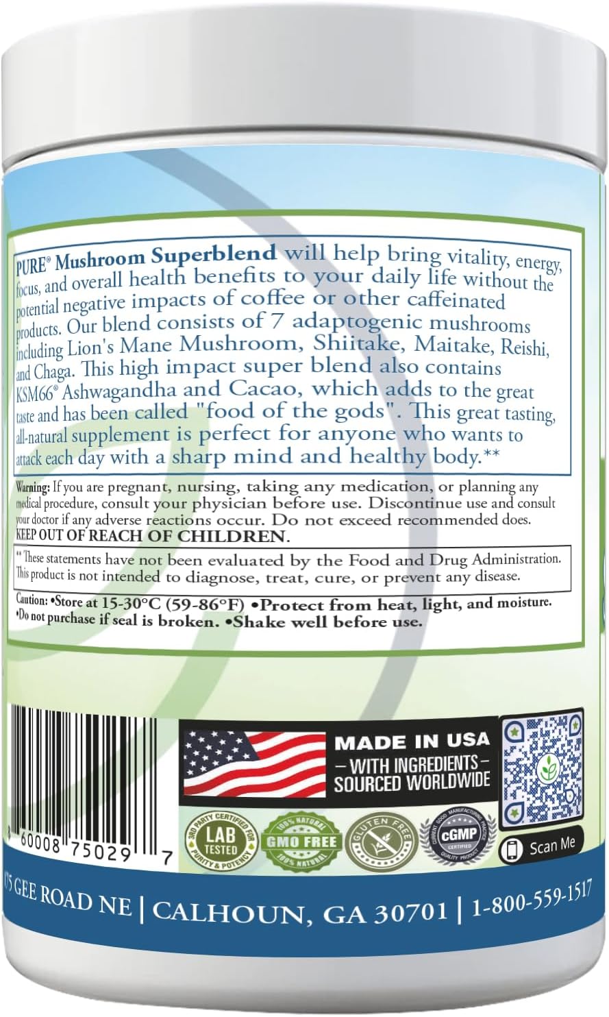 PURE® Mushroom Superblend - 30 Servings - 2000mg Lion’s Mane with KSM-66® Ashwagandha & Organic Cacao - Caffeine-Free Focus, Memory & Stress Relief Morning Ritual - Made in USA