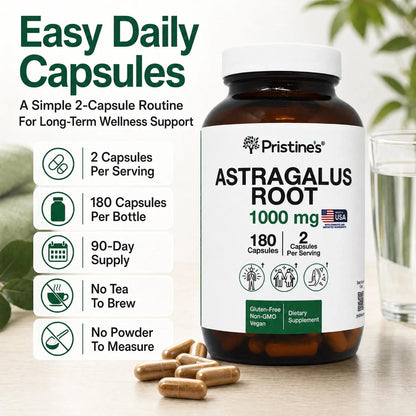 PRISTINE'S Astragalus Root 1000mg Capsules, Adaptogen, Vegan, 90 Day Supply | Lung health support from an herbal adaptogen used in Traditional Chinese medicine. 90 day supply, vegan, non-GMO, gluten-free