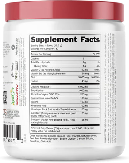 Bucked Up Babe Pre Workout Powder for Women | Fruit Punch | 6g Citrulline, 2g Beta-Alanine, 100mg Hyaluronic Acid, 5mg Biotin and 5 Other Registered trademarked Ingredients | 30 Servings | 13 OZ