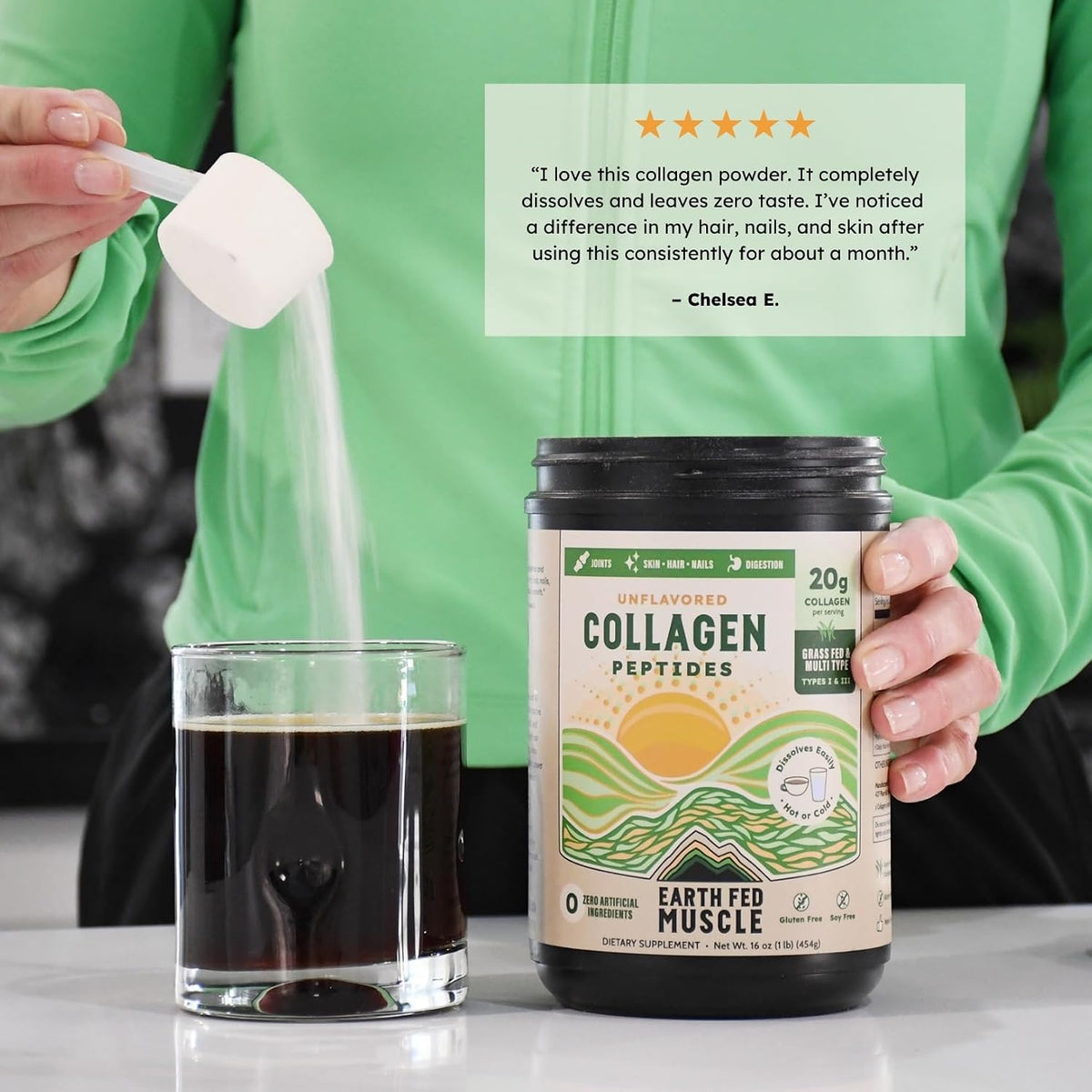 Earth Fed Muscle Collagen Peptides, Unflavored, 23 Servings | Third-Party Certified, 20g Protein, Grass Fed, Non-GMO, Hormone Free, Gluten Free, Multi-Type