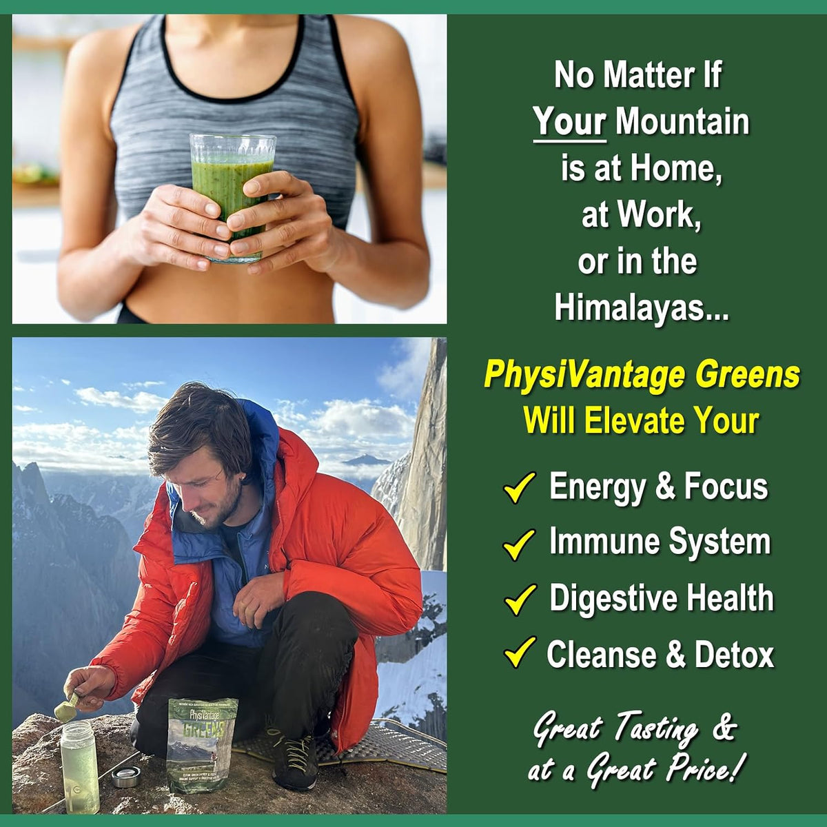 PhysiVantage - Organic Greens Powder - Helps Support Energy, Immunity, & Digestive Health - Prebiotics, Probiotics, Post-biotics - Natural Detox - Vegan - 25 Servings